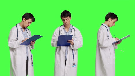 Médico-Tomando-Notas-Después-Del-Examen-Del-Paciente-Contra-El-Fondo-De-Pantalla-Verde